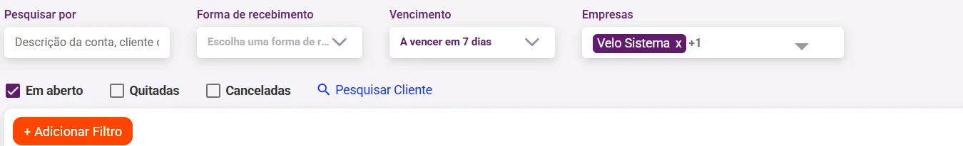 Filtros da tela de contas a receber