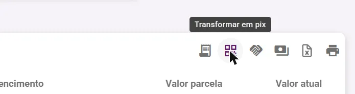 Ícone Transformar em pix na barra de contas a receber