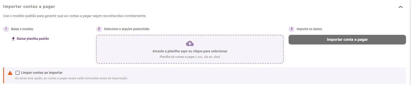 Painel de importação de contas a pagar com os três passos
