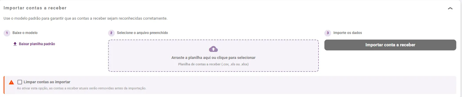 Painel de importação de contas a receber com os três passos