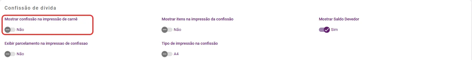 Painel Confissão de dívida nas configurações com a opção Mostrar confissão na impressão de carnê