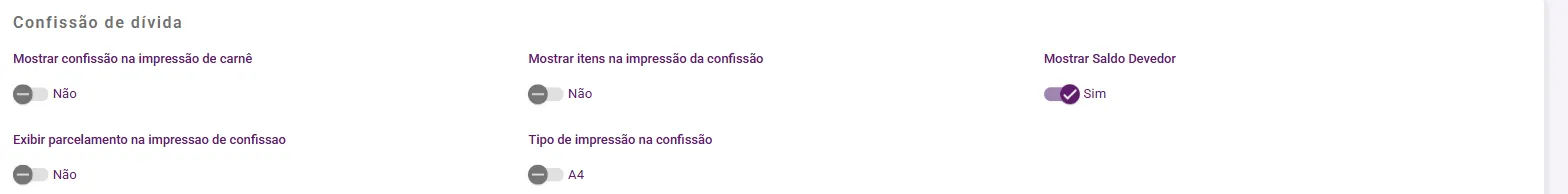 Bloco Confissão de dívida das configurações de contas a receber