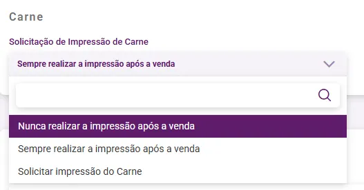 Opções de solicitação de impressão do carnê