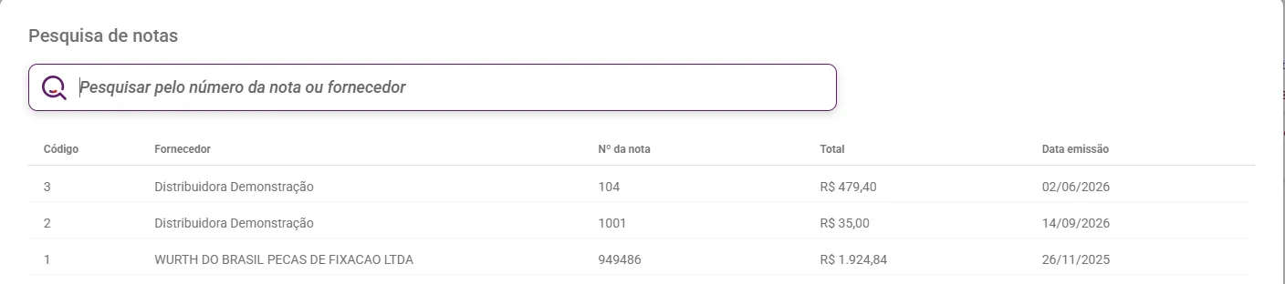 Janela de pesquisa de notas com as notas de entrada