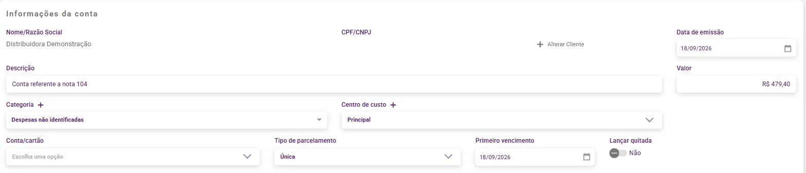 Cadastro da conta a pagar preenchido a partir da nota