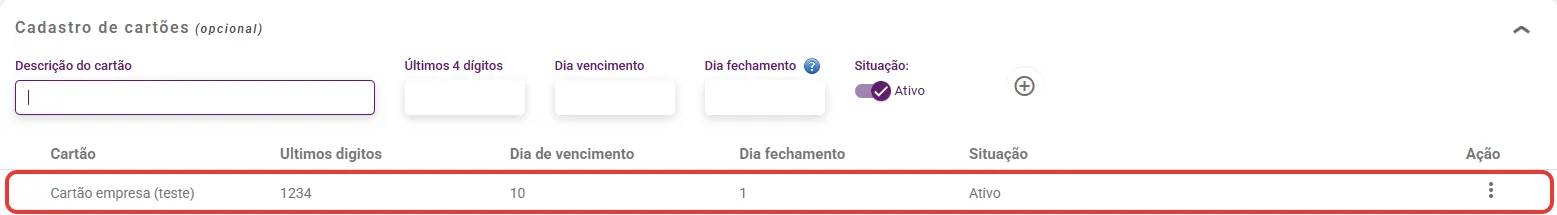 Painel Cadastro de cartões na conta bancária com um cartão ativo