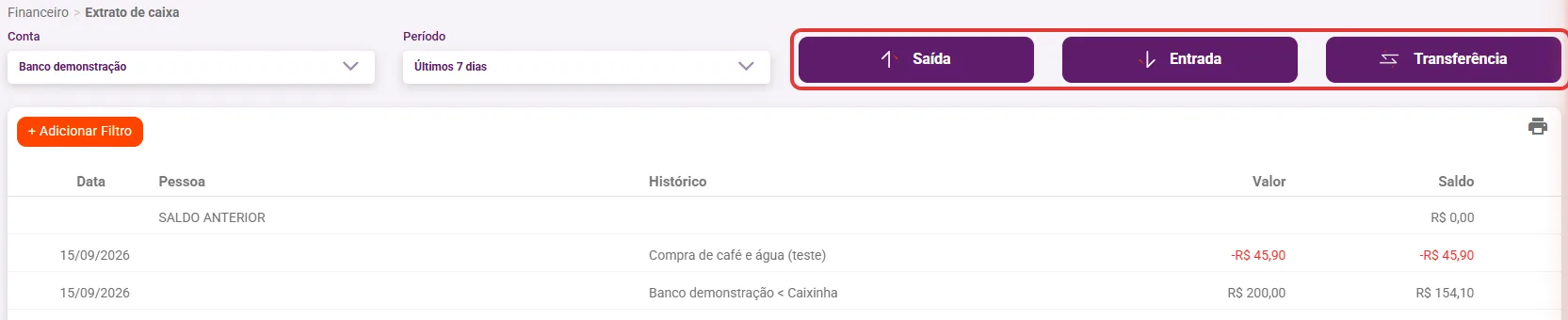Extrato de caixa com a conta escolhida e os botões Saída, Entrada e Transferência