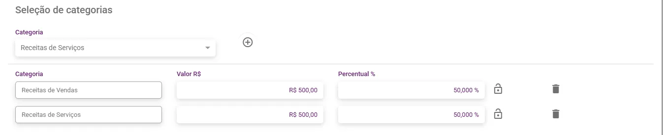 Janela de seleção de categorias com o valor dividido entre duas categorias