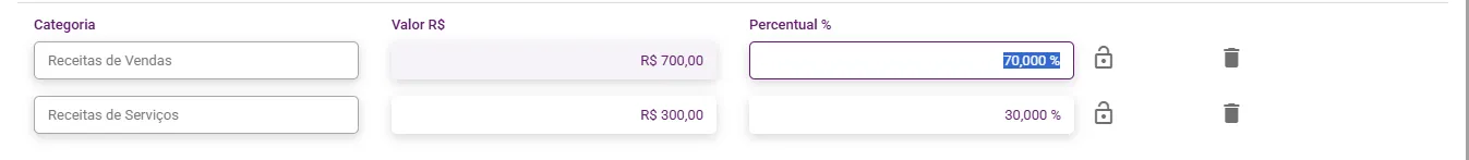 Rateio ajustado com 70% em uma categoria e 30% na outra