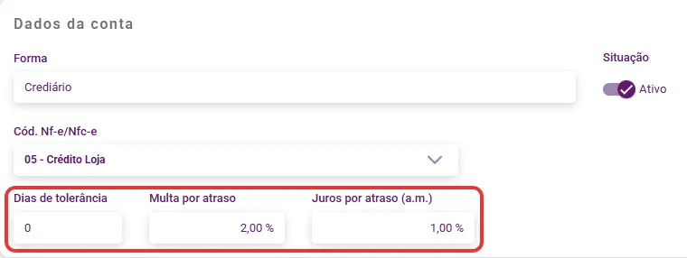 Cadastro da forma Crediário com os campos Dias de tolerância, Multa por atraso e Juros por atraso