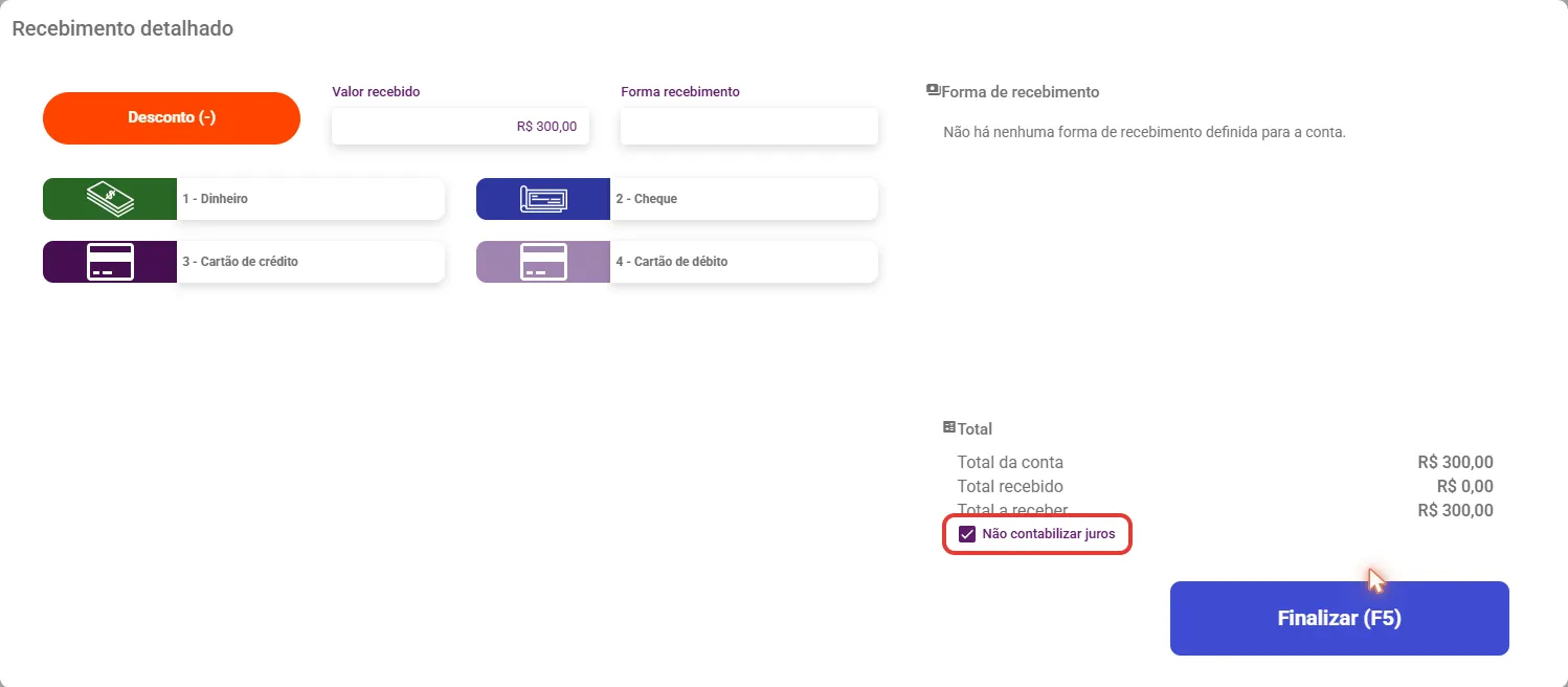 Recebimento detalhado de parcela atrasada com a opção Não contabilizar juros marcada