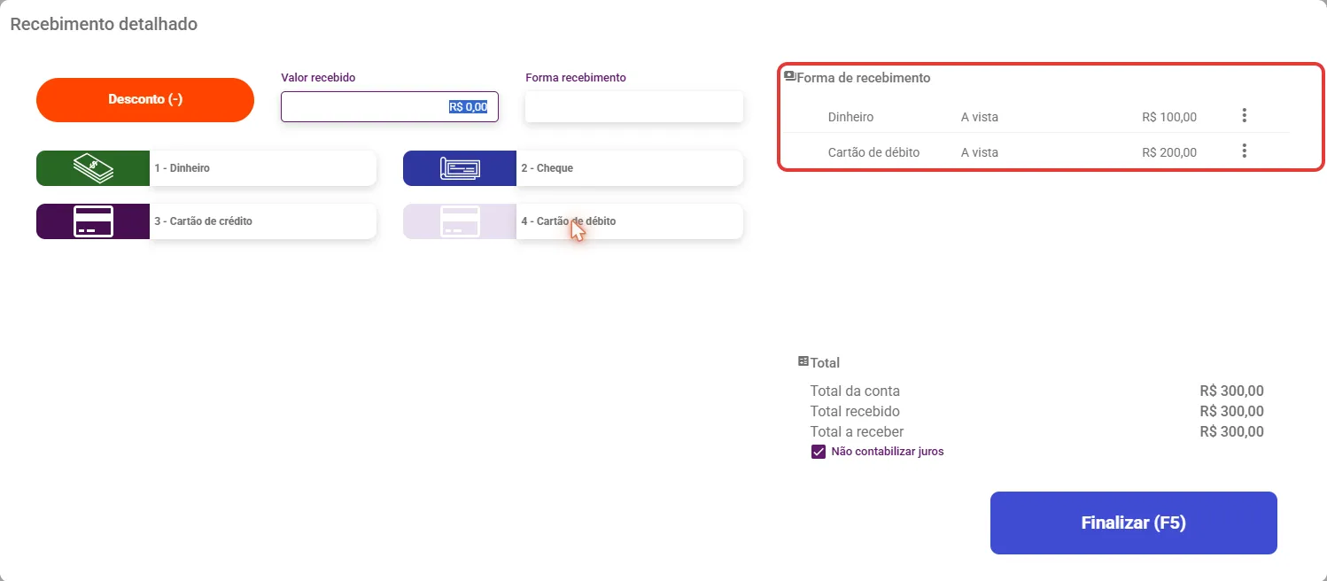 Recebimento detalhado com duas formas na grade e o total recebido igual ao total da conta
