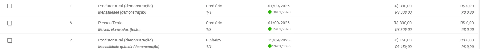 Parcelas quitadas com o ponto verde e a data do recebimento