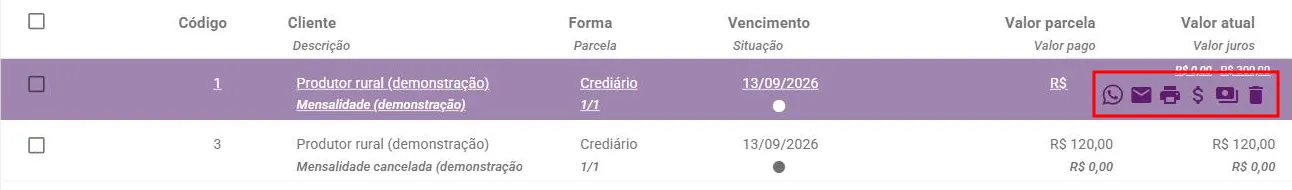 Linha de contas a receber com as opções de recebimento visíveis