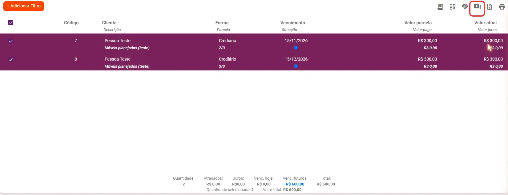 Lista de contas a receber com duas parcelas do mesmo cliente selecionadas e o rodapé com o valor total