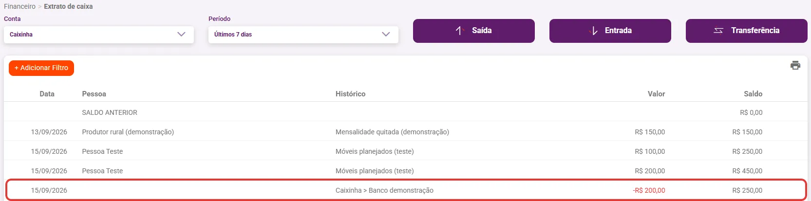 Extrato de caixa mostrando a saída da transferência na conta de origem