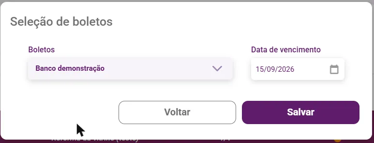 Janela Seleção de boletos com a conta e a data de vencimento