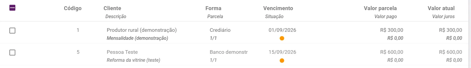 Lista de contas a receber com a parcela convertida em boleto