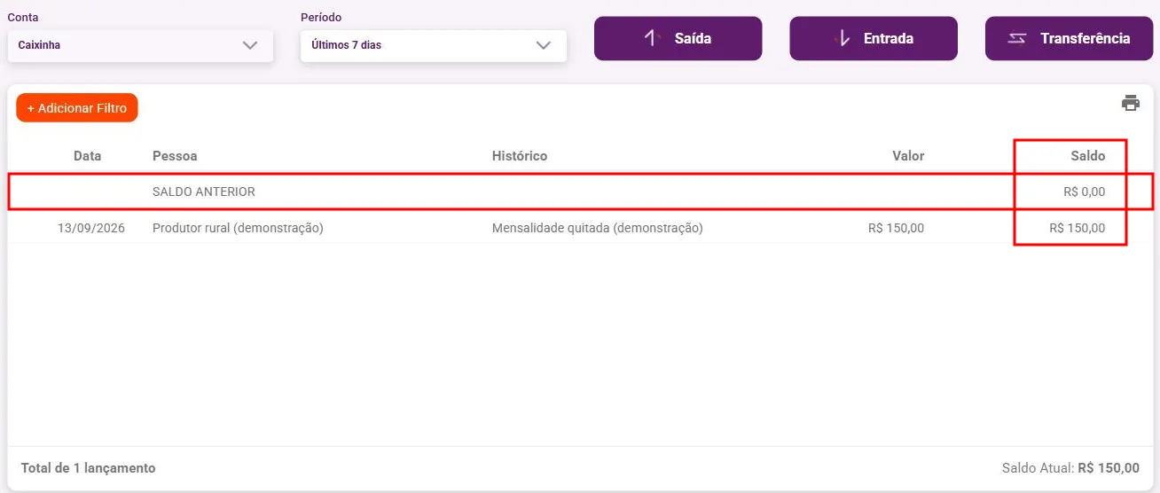Extrato de caixa com a linha SALDO ANTERIOR e a coluna Saldo