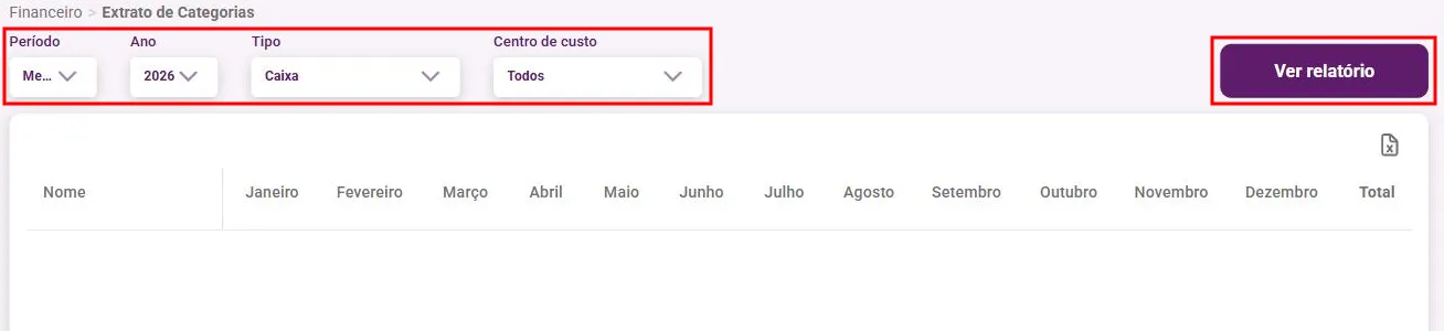 Tela Extrato de categorias com os filtros no topo