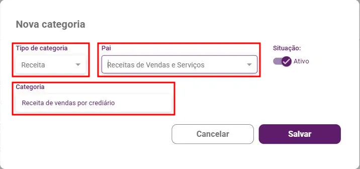 Modal Nova categoria com tipo, pai e nome preenchidos