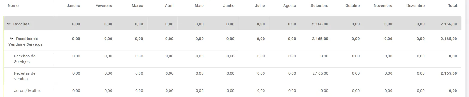 Extrato de categorias por competência com as colunas de cada mês