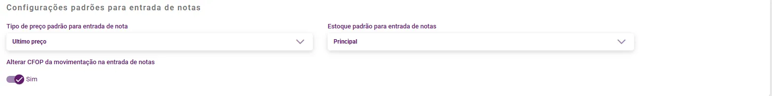 Configurações padrões para entrada de notas