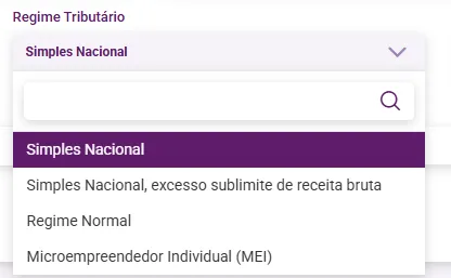 Opções do campo Regime Tributário
