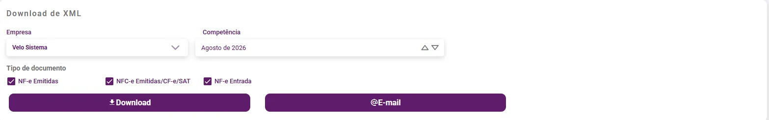 Tela de download de XML com competência e tipos de documento