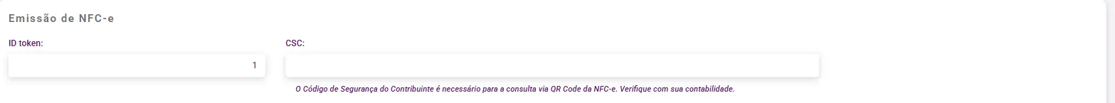 Bloco Emissão de NFC-e com os campos ID token e CSC