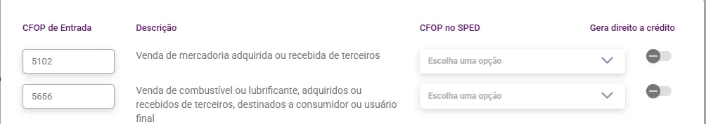 Janela de configuração de CFOP das notas de entrada