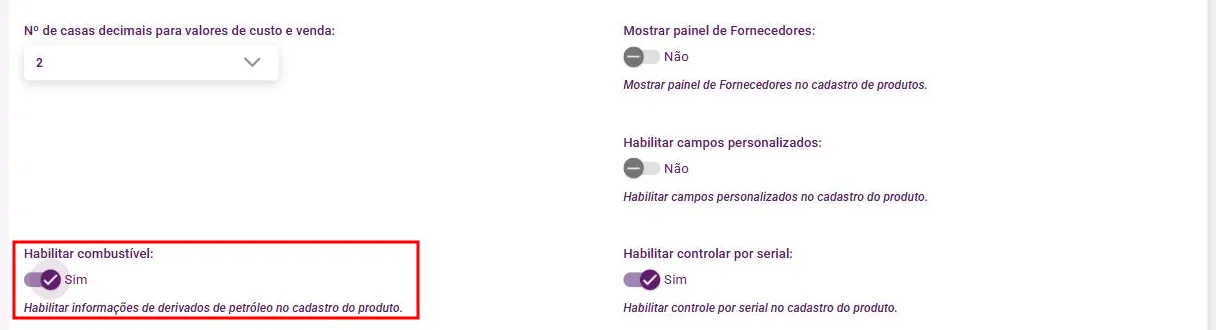 Aba Produtos com a opção Habilitar combustível marcada