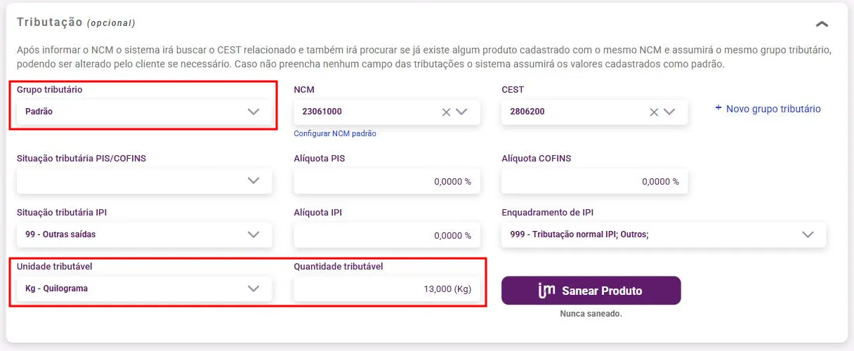 Seção Tributação do cadastro do produto