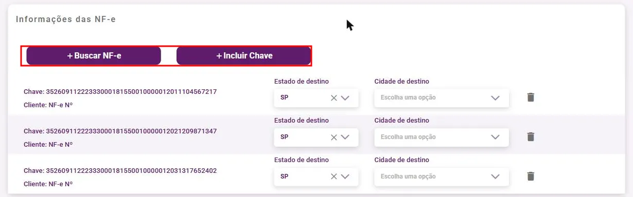 Painel Informações das NF-e com várias notas incluídas
