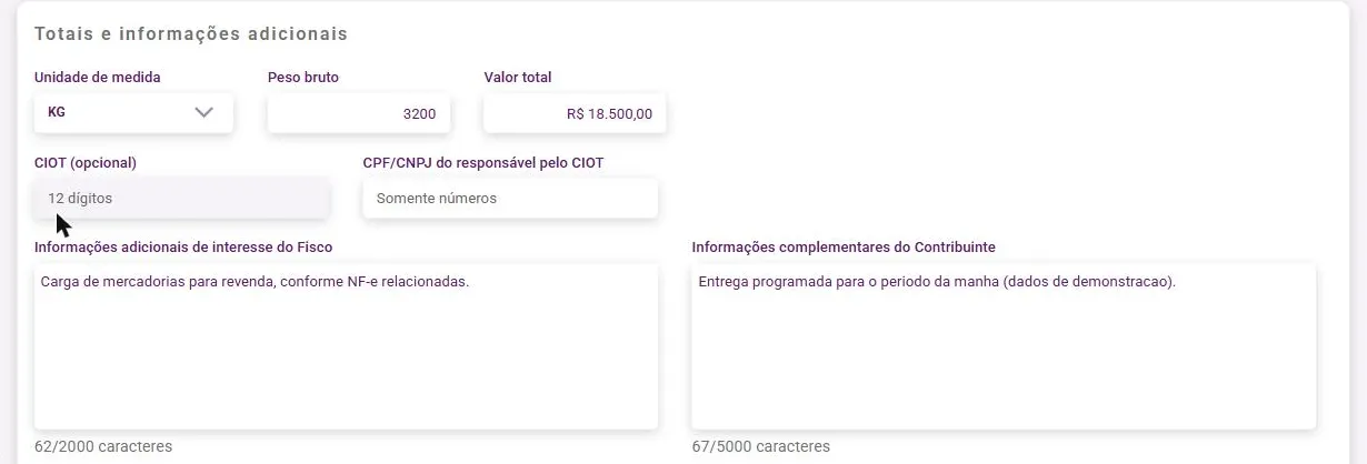 Painel Totais e informações adicionais preenchido