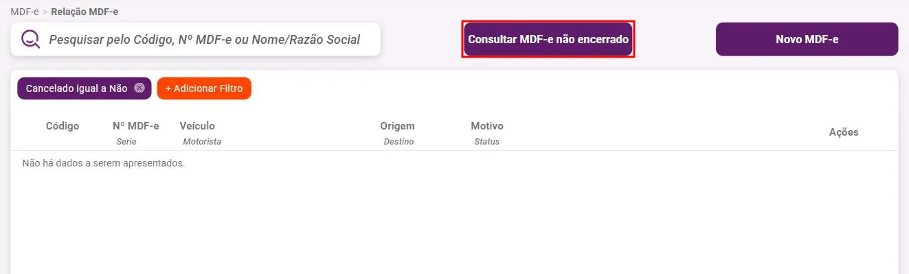 Relação MDF-e com o botão Consultar MDF-e não encerrado