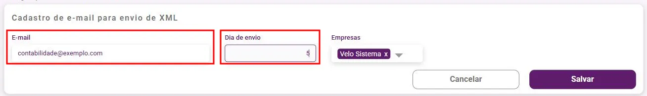 Tela de cadastro de e-mails para envio de XML