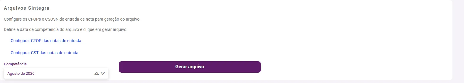 Bloco Arquivos Sintegra com os links de configuração e a competência