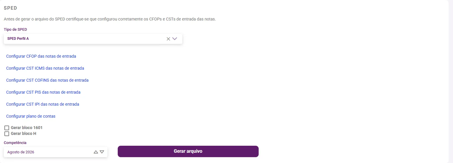 Tela do SPED com o tipo, os links de configuração e a competência