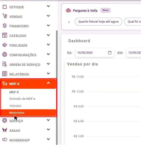Menu MDF-e com os itens Emissão de MDF-e, Veículos e Motoristas
