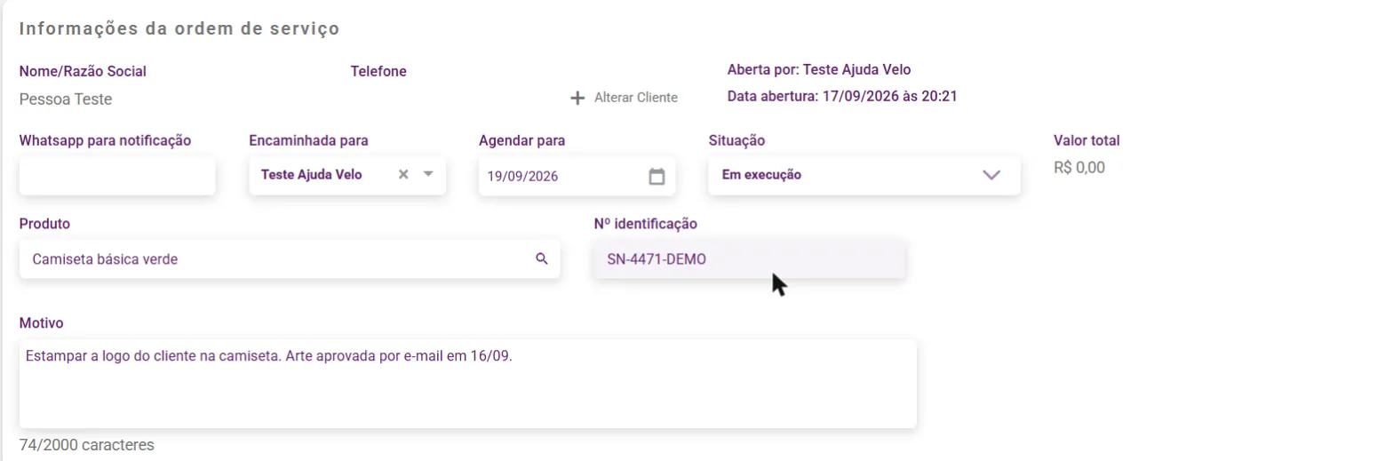 Painel Informações da ordem de serviço preenchido
