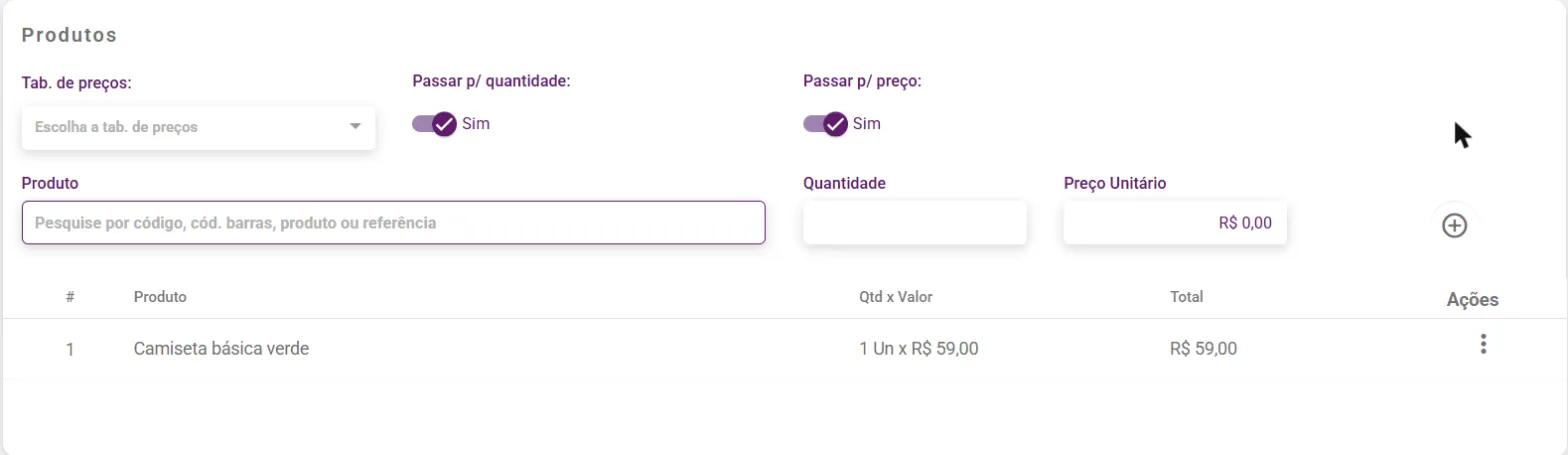 Painel Produtos da OS com uma peça lançada