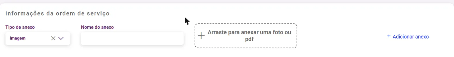 Painel de anexos da OS com tipo de anexo e área de arrastar arquivo
