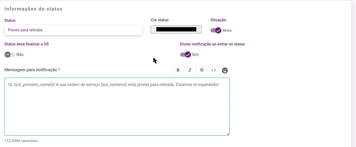 Status com a notificação ligada e a mensagem escrita com variáveis