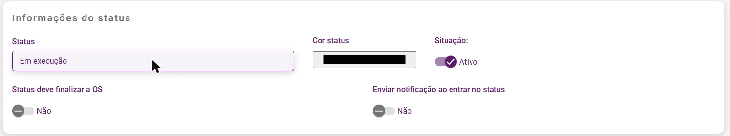 Cadastro de status com nome, cor e as chaves de finalizar e notificar
