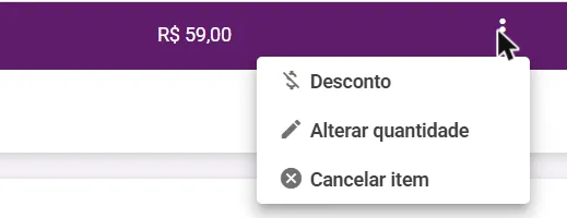Menu de ações da peça com Desconto, Alterar quantidade e Cancelar item