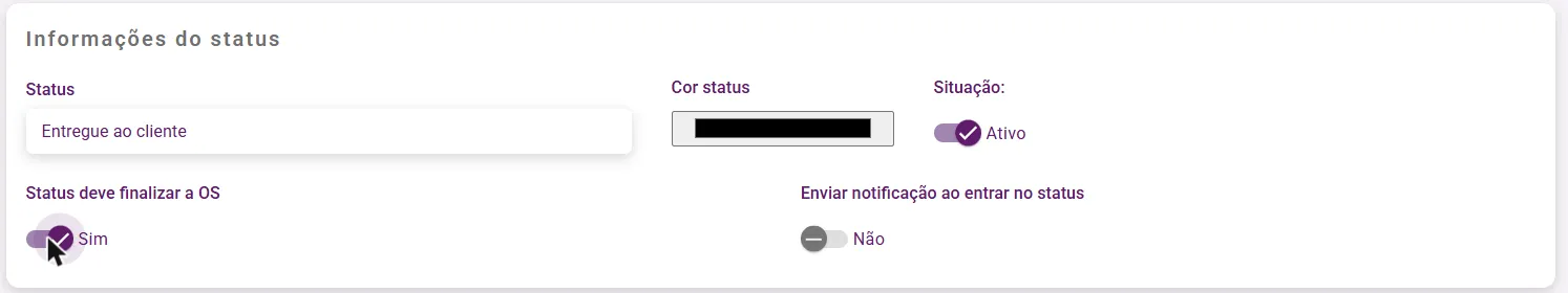 Cadastro de status com a chave Status deve finalizar a OS em Sim