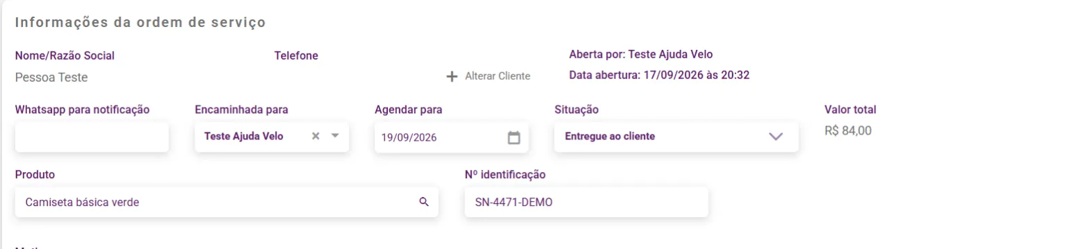 OS com a situação em um status que finaliza e o valor total somado
