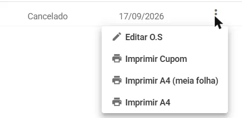 Menu de ações da OS com Imprimir Cupom, Imprimir A4 (meia folha) e Imprimir A4