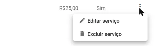 Menu de ações do serviço com Editar serviço e Excluir serviço